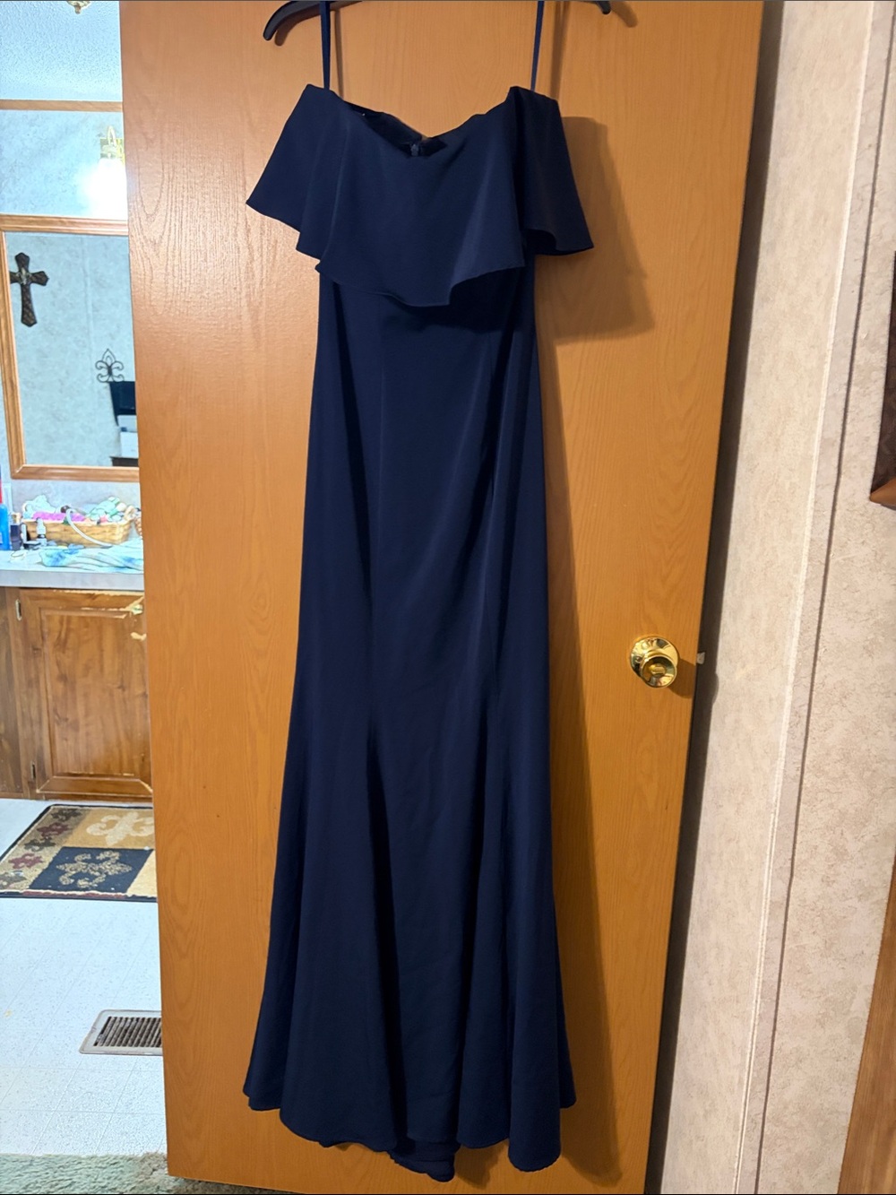 Dancing Queen Navy Off-Shoulder Maxi Dress with Ruffle Overlay